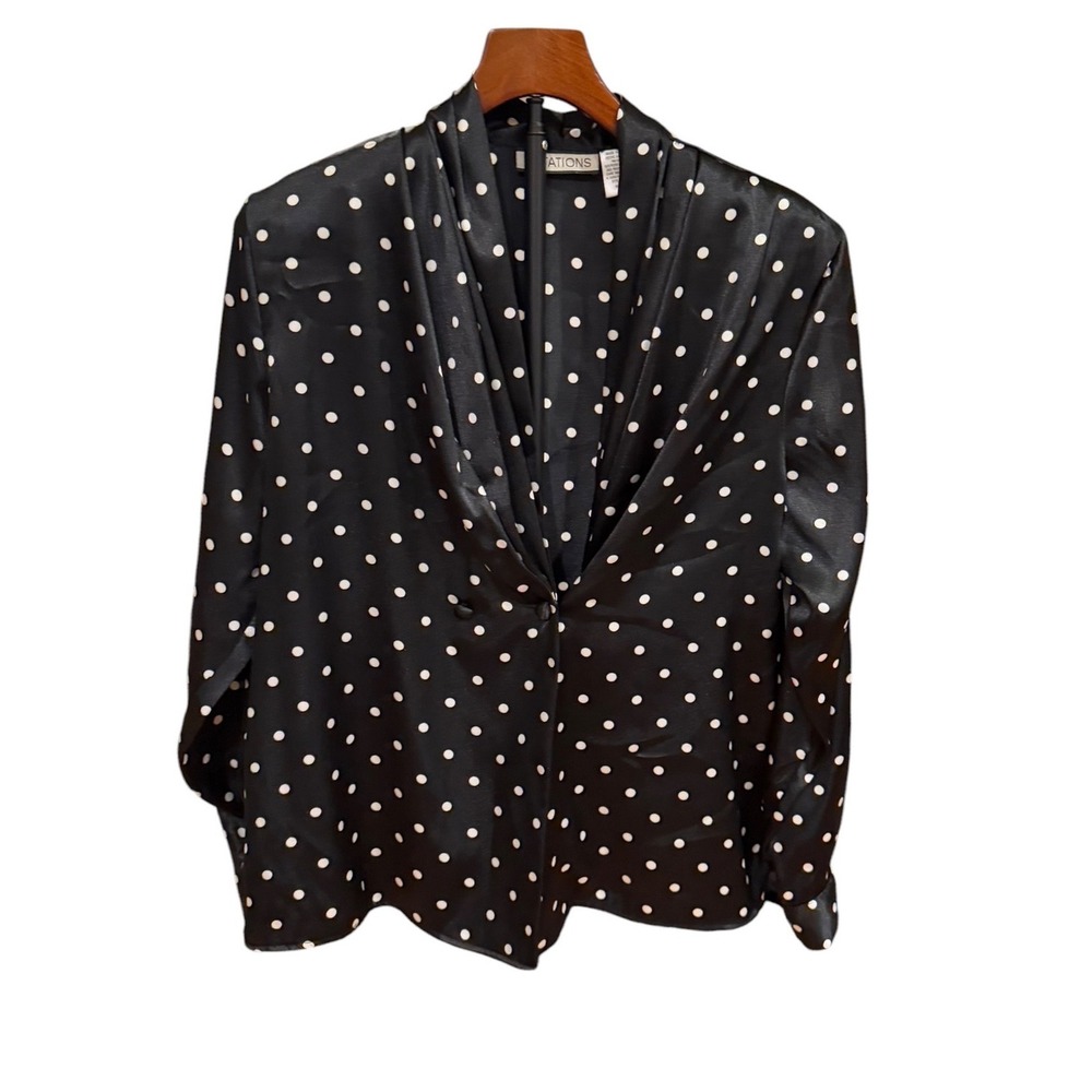 Vtg 90s Notations Black White‎ Polka Dot Satin Shawl Collar Blouse Blazer sz 12